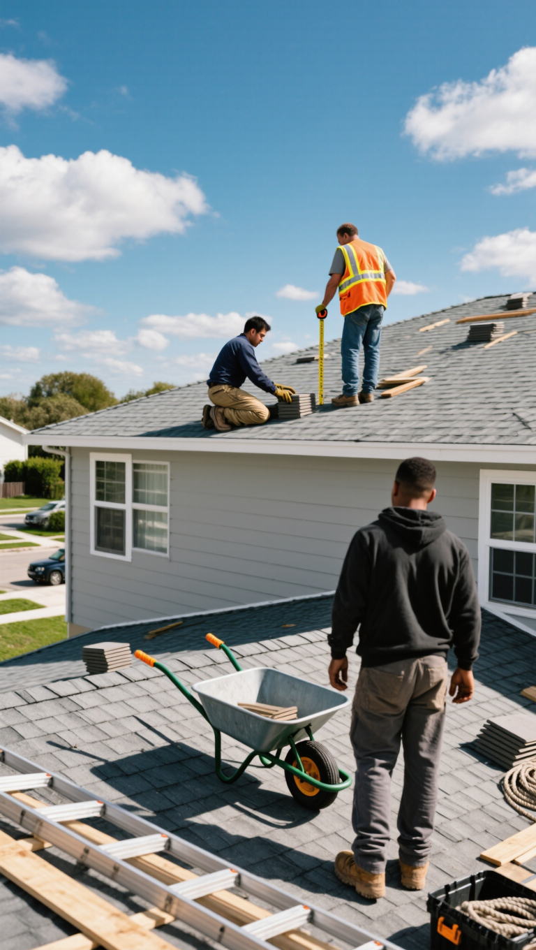 Three workers on a roof engaged in repair. One measures with a level, another prepares materials, while a third stands with a wheelbarrow nearby. The setting is a residential area with clear blue skies.