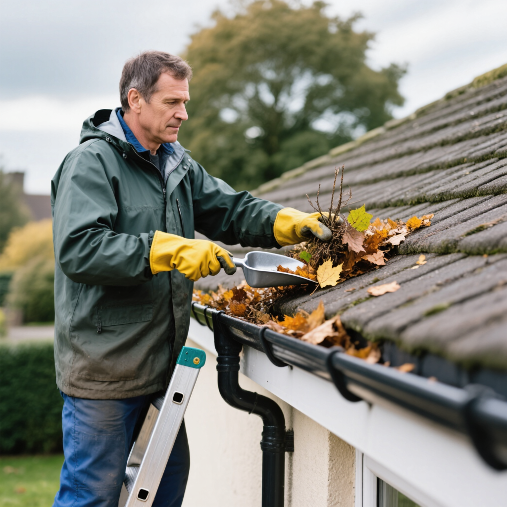 A man in a green jacket and yellow gloves is cleaning leaves and debris from a roof gutter using a scoop. A ladder is positioned next to him, and the background features trees and a house.