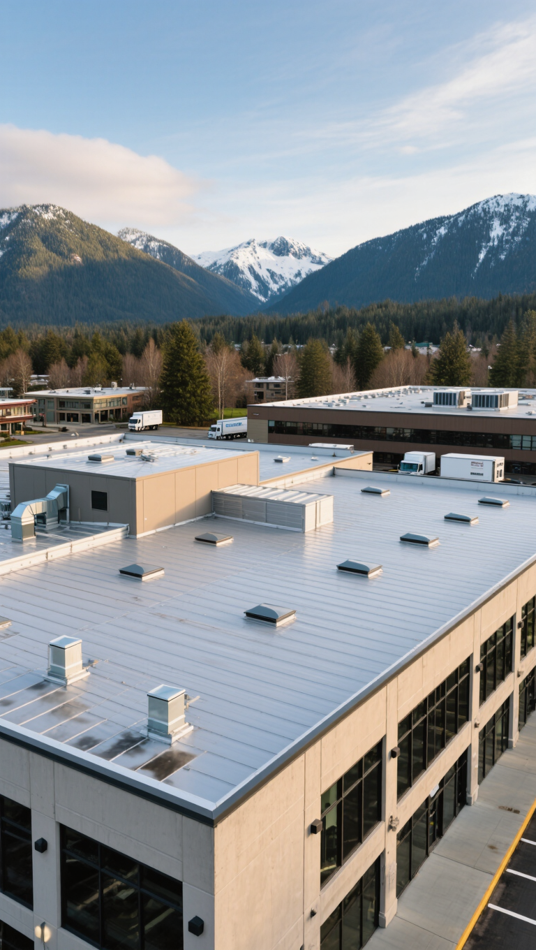 Aerial view of a commercial building with a metallic roof, surrounded by trees and snow-capped mountains in the background. The setting reflects a tranquil, mountainous region with clear skies.