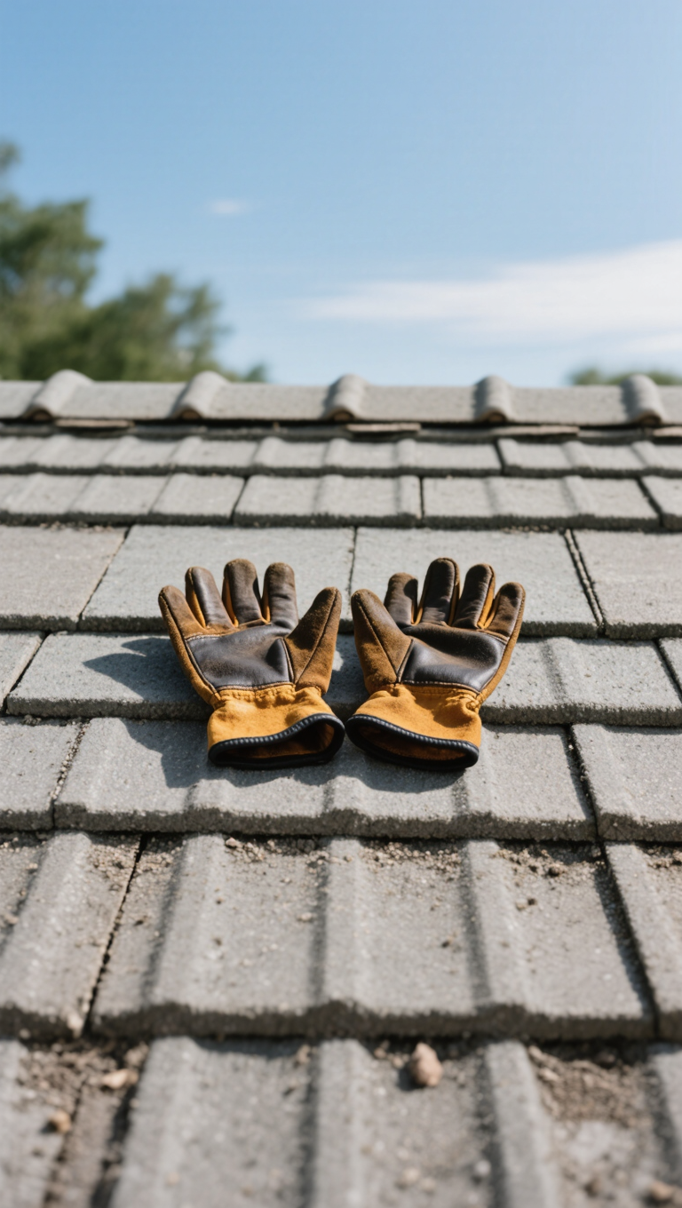 A pair of brown and black work gloves resting on a gray tiled rooftop, with a clear blue sky in the background and green trees slightly visible.