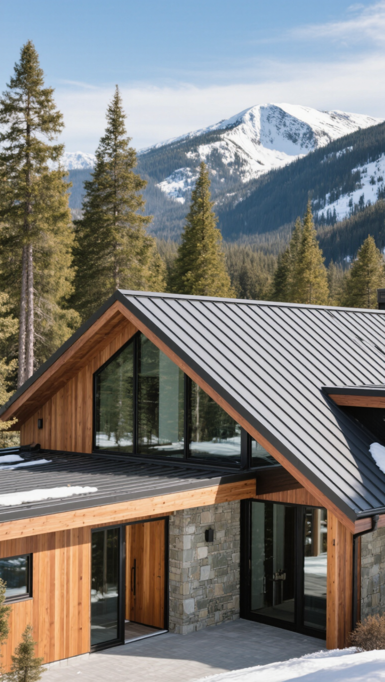 A modern home featuring a wooden and stone exterior, nestled among evergreen trees, with snow-capped mountains in the background under a clear blue sky.