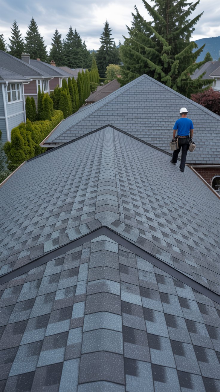 A professional roofer in a blue shirt and white hard hat walks along a sloped, shingled roof in a residential area, surrounded by tall trees and houses. This scene represents roof installation in North Vancouver.