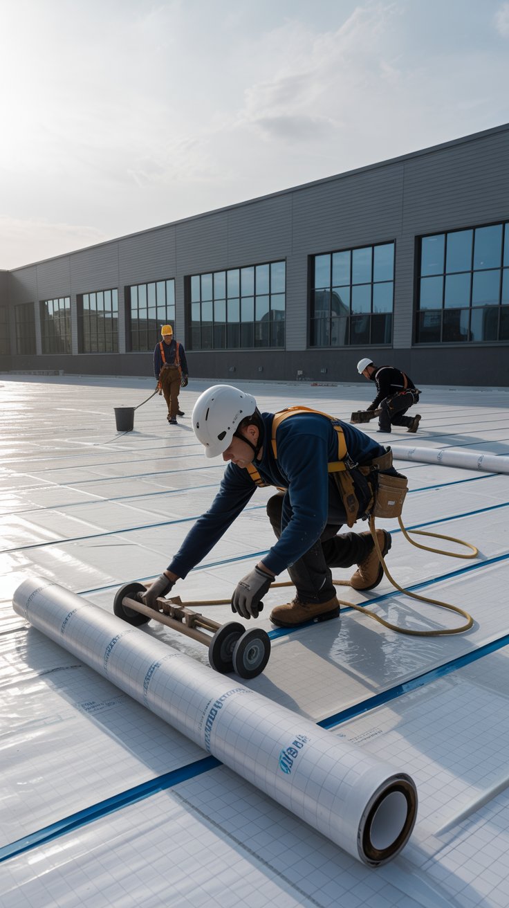 Workers installing a commercial flat roof, using a rolling tool to secure material on a large surface. The scene features three individuals in safety gear, with a modern building in the background. This represents commercial flat roof repair in North Vancouver.
