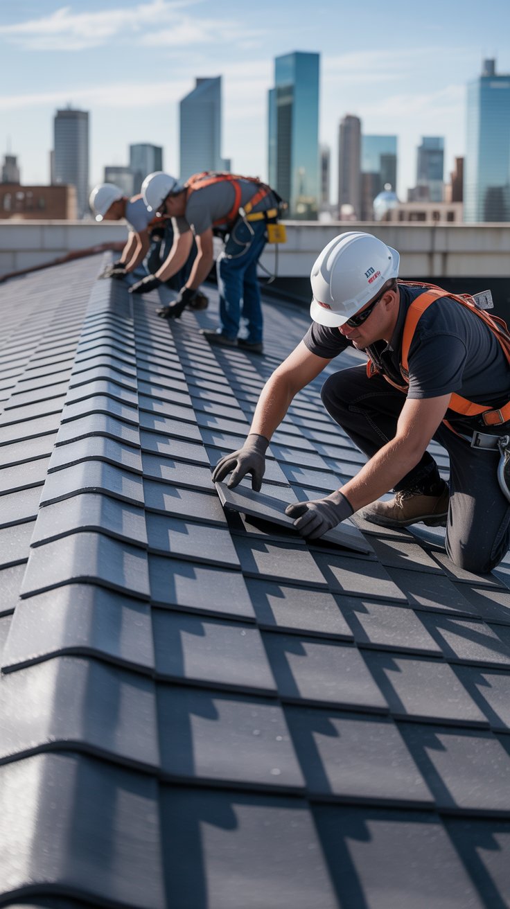 Several workers in safety gear installing black roofing tiles on a sloped roof, with a city skyline in the background. The scene highlights roof services performed under clear blue skies.
