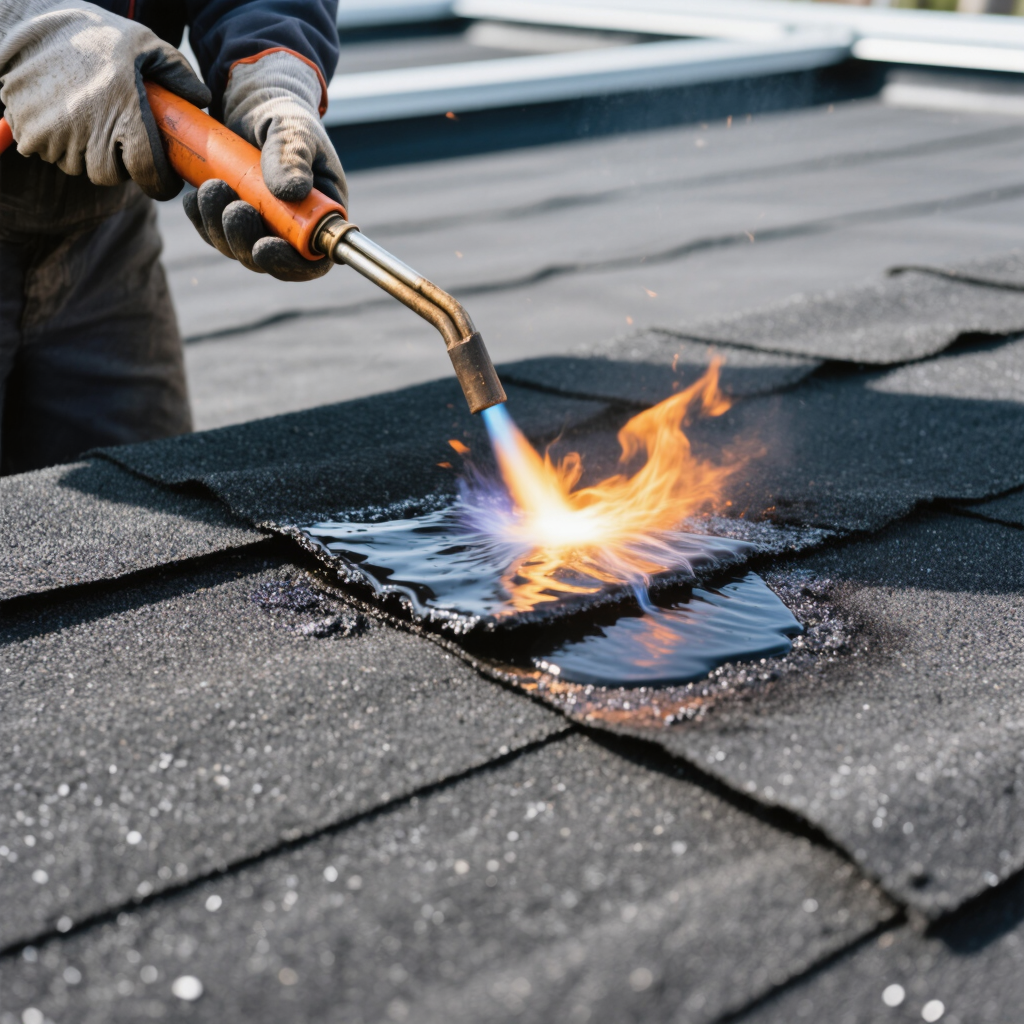 A roofer using a torch on roofing to heat a section of black shingles, creating a flame and melting the adhesive. The worker, wearing gloves, stands on a sloped roof under a clear sky, focused on the task.