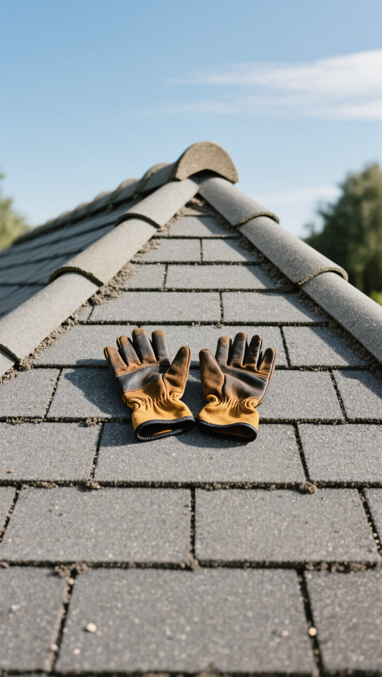 A pair of brown and black work gloves resting on a sloped gray shingle roof under a clear blue sky. The gloves are positioned symmetrically at the peak of the roof, with trees visible in the background, creating a serene outdoor setting.