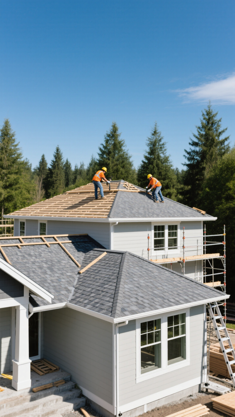 Two workers installing a new roof on a modern house with gray shingles, surrounded by tall green trees under a clear blue sky. A wooden ladder leans against the house, while scaffolding is visible nearby, indicating ongoing construction of the white rock roofing service.