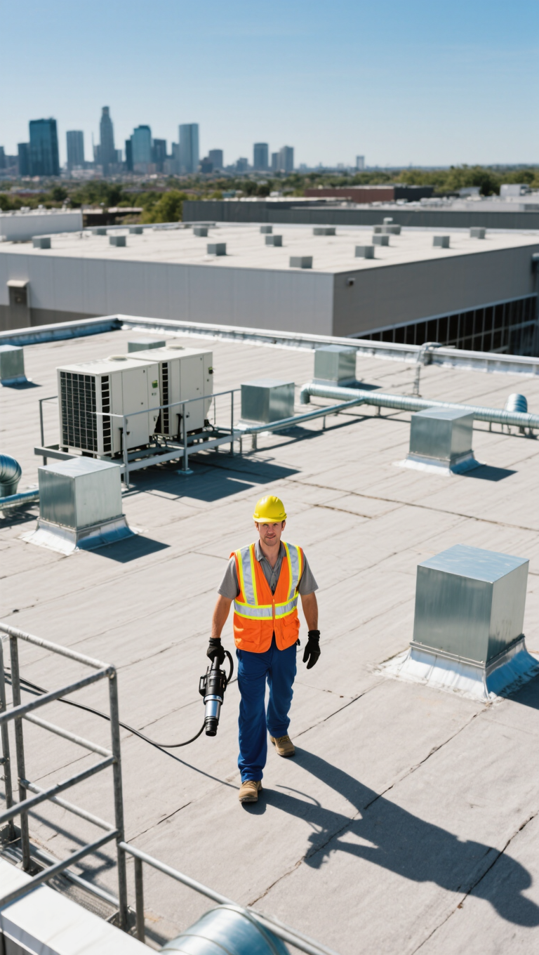 A construction worker in a bright yellow hard hat and reflective vest walks on a commercial roof, holding a tool in one hand. The skyline of a city is visible in the background, with HVAC units and metal vents on the rooftop.