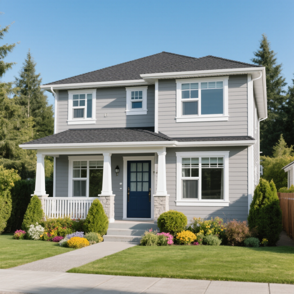 A two-story gray house with a dark shingled roof, featuring white trim and a blue front door. Lush green grass surrounds the home, complemented by colorful flower beds and neatly trimmed hedges under a clear blue sky.