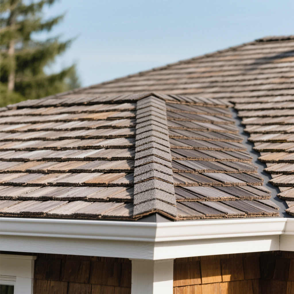 A close-up view of a shingled roof with dark grey shingles arranged in overlapping patterns. The roof’s peak is visible, showcasing a well-constructed design. Tall green trees are blurred in the background under a clear blue sky.