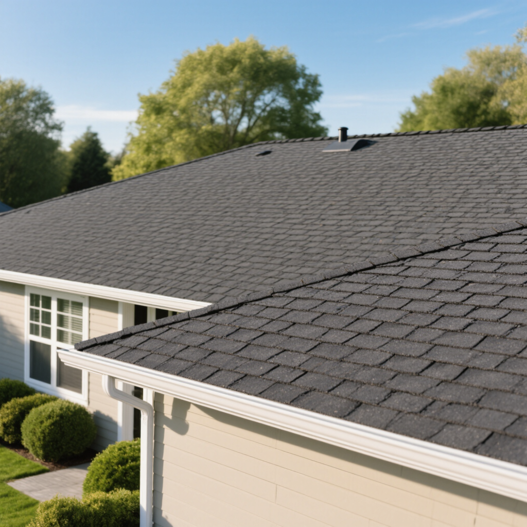 A close-up view of a home’s roof featuring dark gray malarkey shingles under a clear blue sky. The roof slopes gently towards a light-colored siding, with green trees in the background and neatly trimmed shrubs in the foreground.