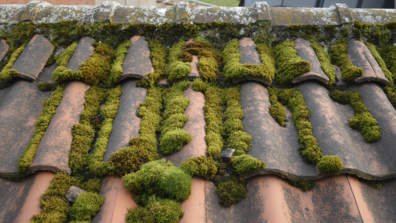 A close-up of a weathered terracotta roof covered with vibrant green moss, showcasing various patches of moss growing between the tiles, illustrating the natural aging process and the need for maintenance. The scene reflects a house waiting for moss removal.