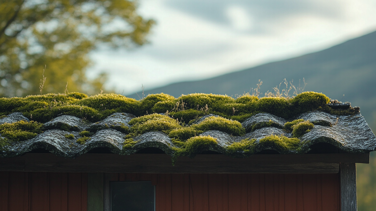 A close-up view of a weathered roof covered with vibrant green moss. The roof features wavy tiles, showcasing the contrast between the moss and the weathered surface. Soft background of blurred trees and mountains enhances the natural setting, highlighting the need for moss removal from this Lower Mainland roof.