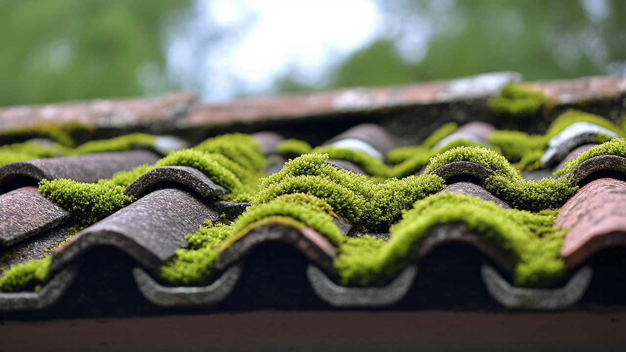 Close-up view of a weathered rooftop covered in vibrant green moss, with curved tiles creating a textured pattern against a blurred natural background.