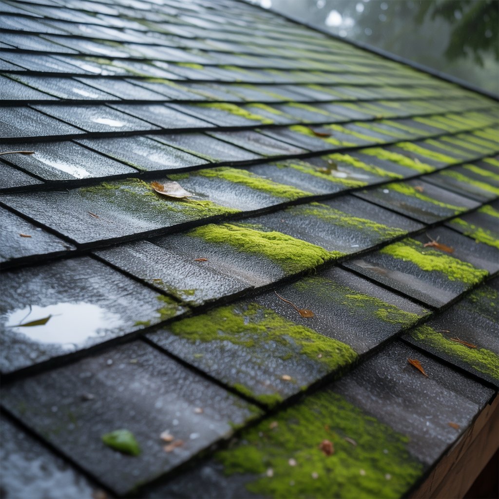 A close-up view of a weathered roof covered with dark shingles, featuring patches of green moss and small droplets of water. Fallen leaves are scattered across the surface, under a misty atmosphere.