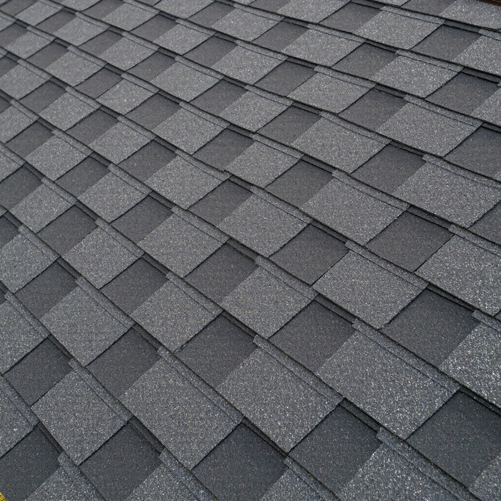 Close-up view of gray malarkey shingles arranged neatly on a sloped roof, showcasing the textured surface and overlapping patterns of the roofing material.