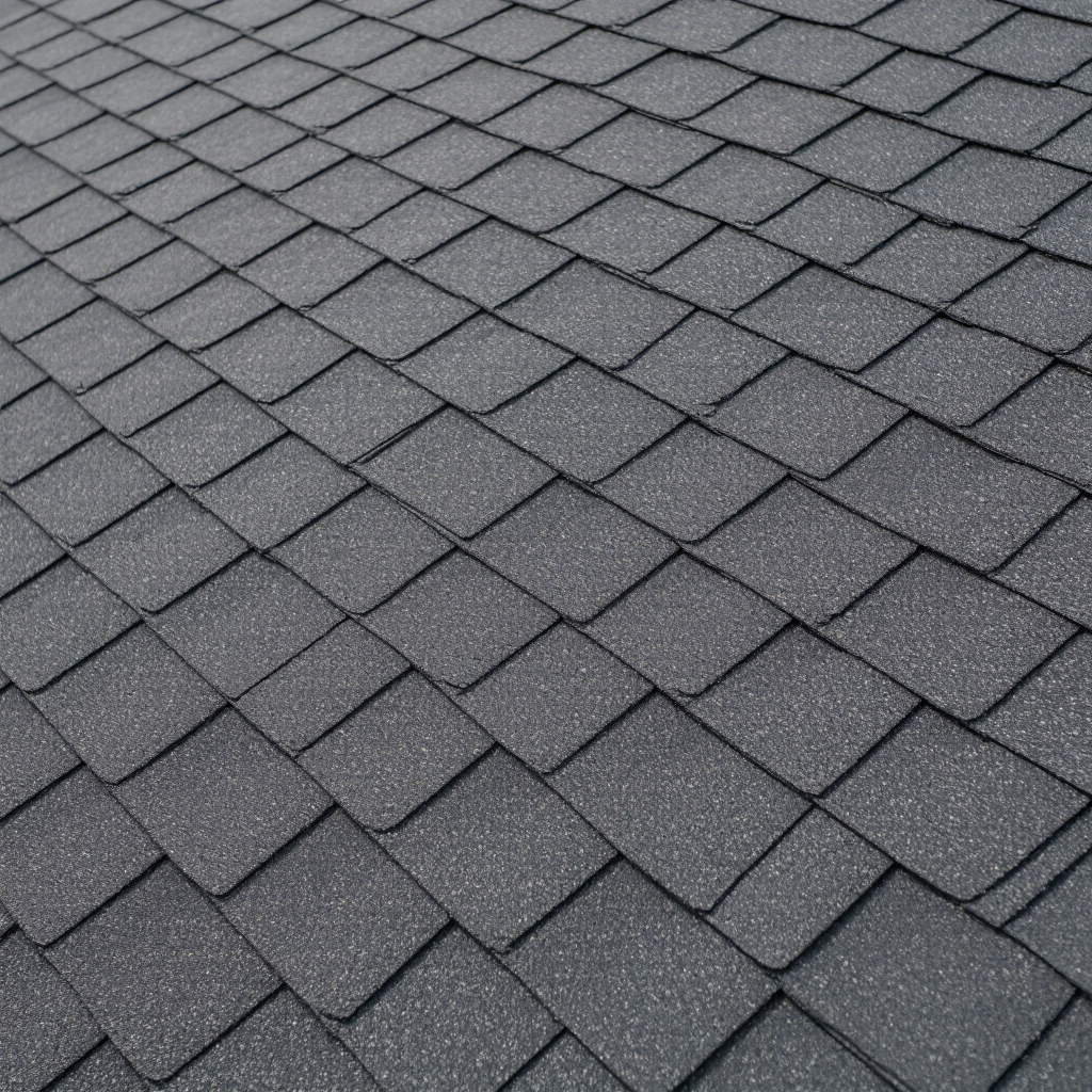 A close-up view of dark gray malarkey shingles arranged in overlapping rows on a roof. The textured surface of the shingles creates a uniform pattern, showcasing their quality and durability against the elements.