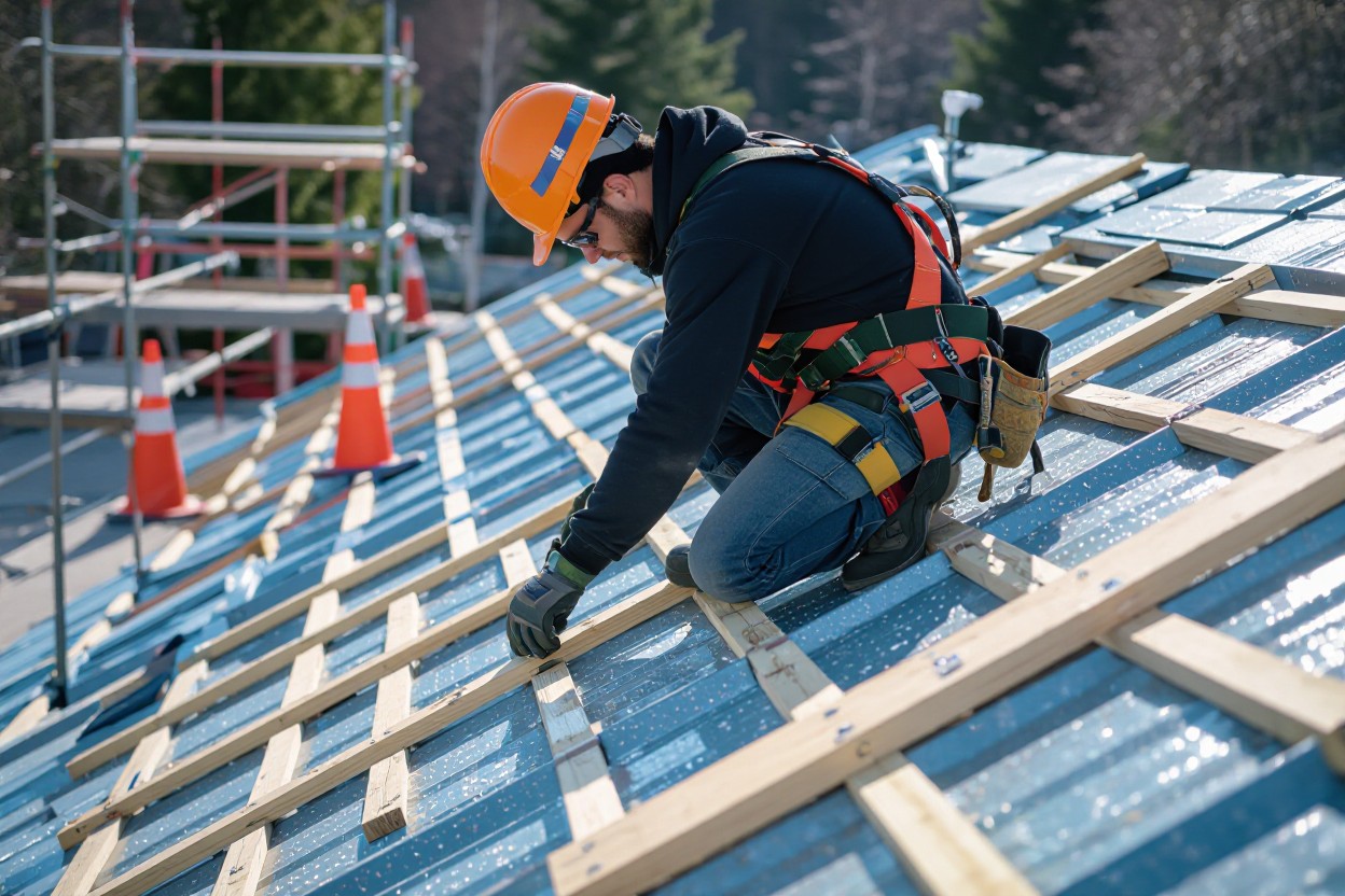 A worker in a hard hat and safety harness is carefully securing wooden beams onto a sloped roof. Scaffolding and caution cones are visible in the background against a backdrop of trees.