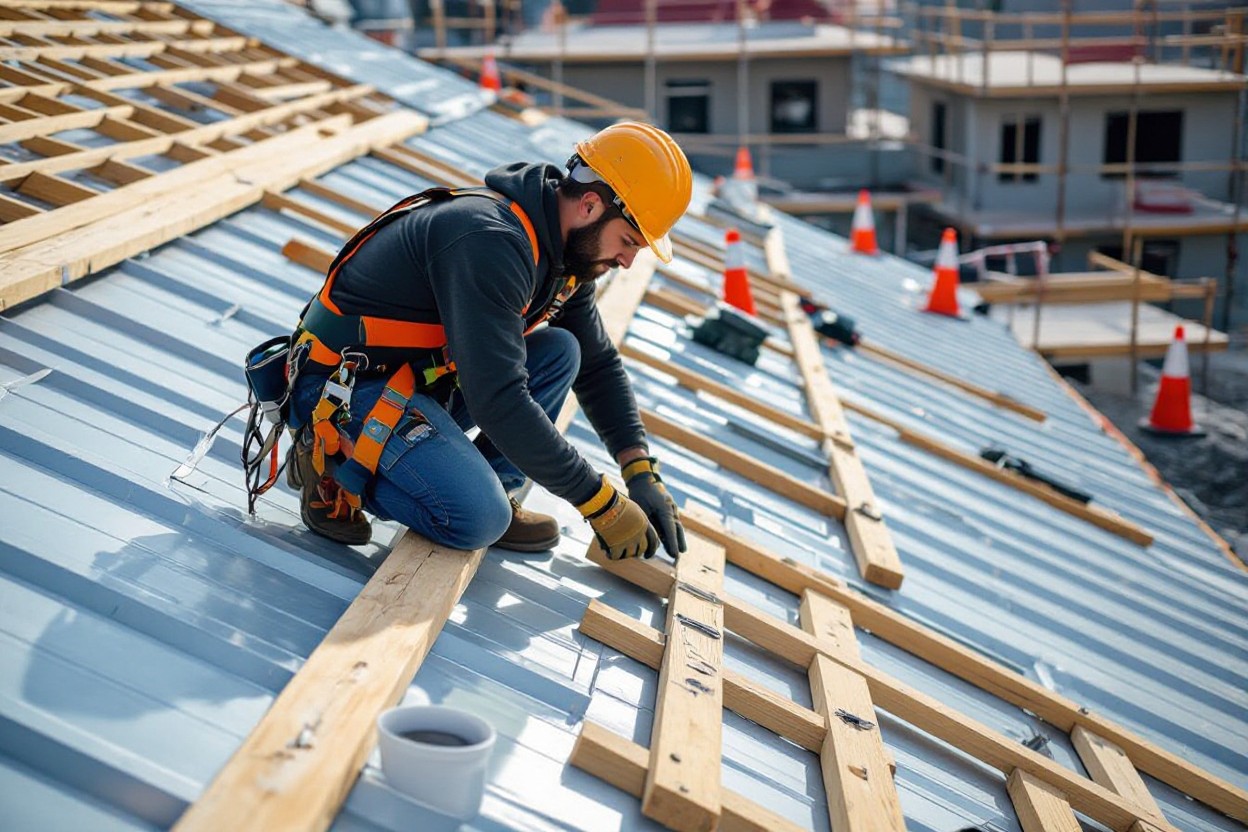 A construction worker in a hard hat and safety gear is carefully installing wooden beams on a sloped pitch roof. The background shows scaffolding and orange safety cones at a construction site.