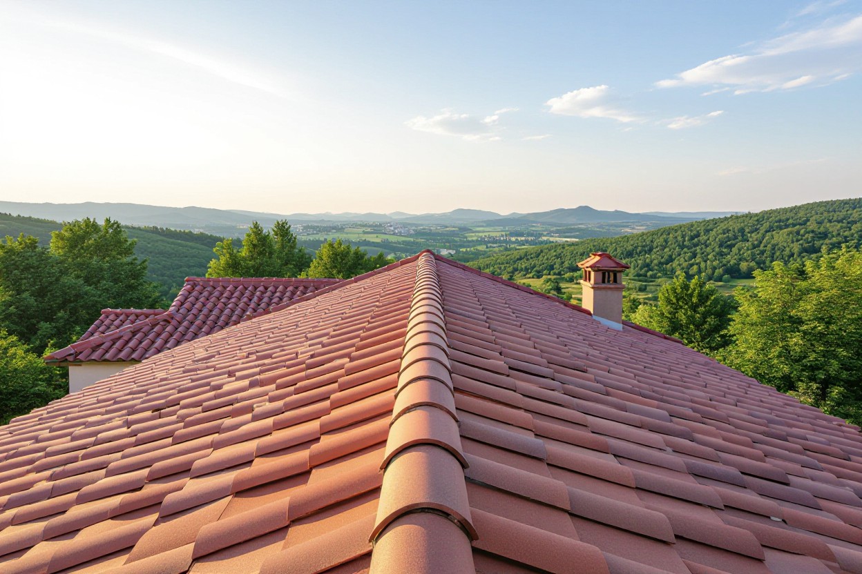 A view of a slope roof covered with red tiles, extending towards the horizon. Lush green hills and valleys are visible in the background, along with a chimney and a clear blue sky with scattered clouds.