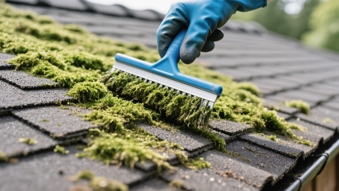 A gloved hand using a moss removal tool to scrub moss off a textured black rooftop, with patches of green moss clearly visible on the surface. The background is softly blurred, suggesting a natural outdoor setting.