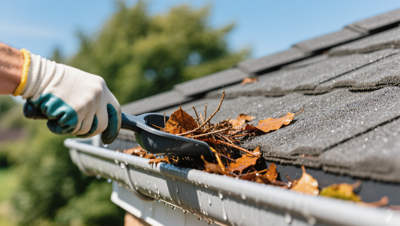 A close-up of a hand wearing a glove using a scoop to remove leaves and twigs from a gutter on a house rooftop. The background features a blurred green landscape under a clear blue sky, illustrating the importance of gutter cleaning.