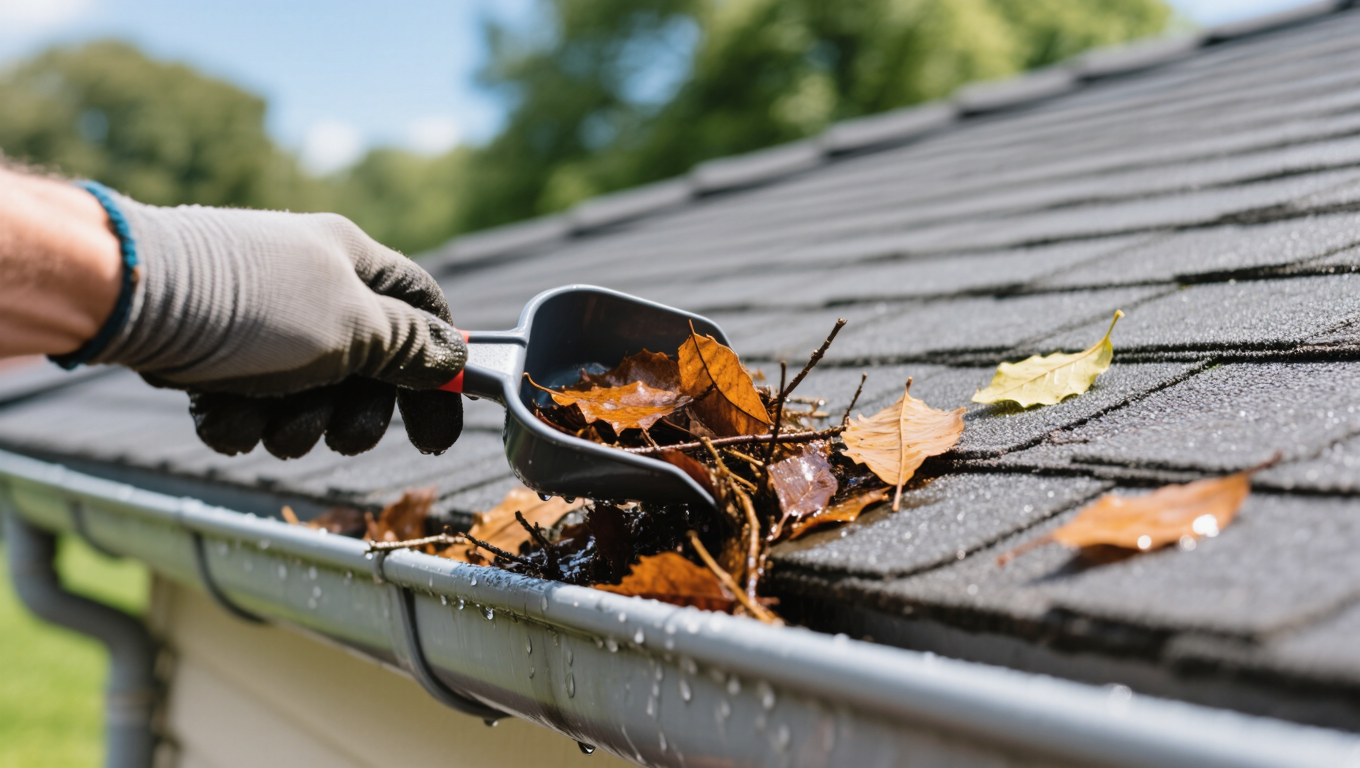 A gloved hand using a scoop to remove leaves and debris from a rain gutter attached to a sloped roof on a sunny day, highlighting the importance of regular Lower Mainland gutter cleaning.