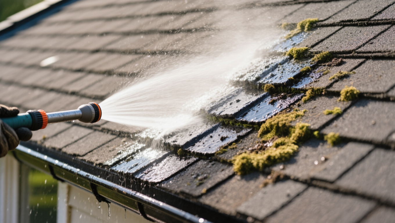 A close-up view of a hand using a pressure washer on a roof covered in moss and dirt. Water sprays across dark shingles, clearing away debris, with sunlight illuminating the scene. This illustrates Lower Mainland pressure washer cleaning effectively.