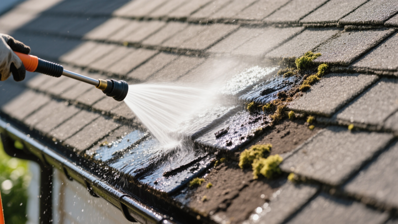 A person using a pressure washer to clean moss and dirt off a textured roof surface. Water sprays away debris, highlighting a bright day with sunlight glinting off the wet shingles, showcasing the effectiveness of soft pressure washing.
