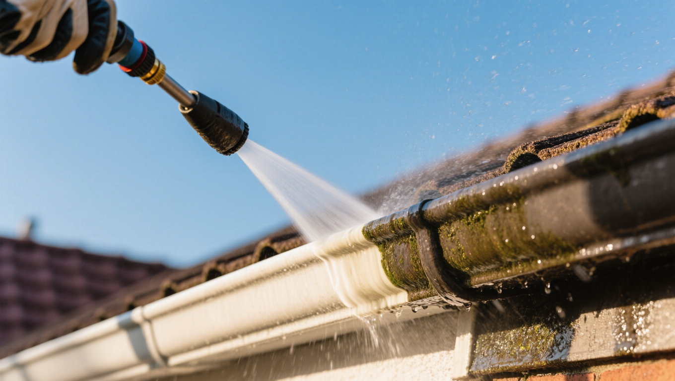 A close-up of a person using a pressure washer to clean a roof lining, with water spraying over green moss and dirt on the gutter. The bright sky in the background adds clarity to the scene.