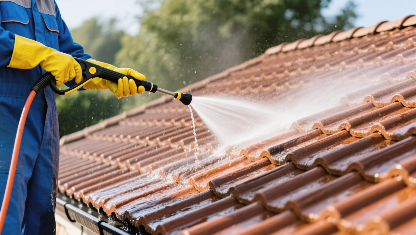 A person in a blue and yellow outfit cleaning a roof with a pressure washer, spraying water on terracotta tiles. Trees and sunlight are visible in the background, emphasizing the pressure wash roof cleaning process.