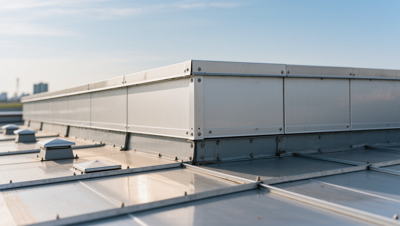 A close-up view of a commercial flat roof with metallic edging and ventilation elements. The roof surface is reflective and flat, under a clear blue sky.