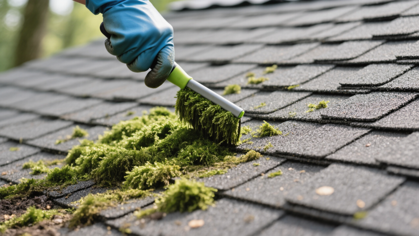 A gloved hand using a green moss removal tool to clean moss from an asphalt shingle roof. The green moss is prominently displayed as it is being removed, with a backdrop of blurred trees in the background. This image highlights the process of Lower Mainland moss removal.