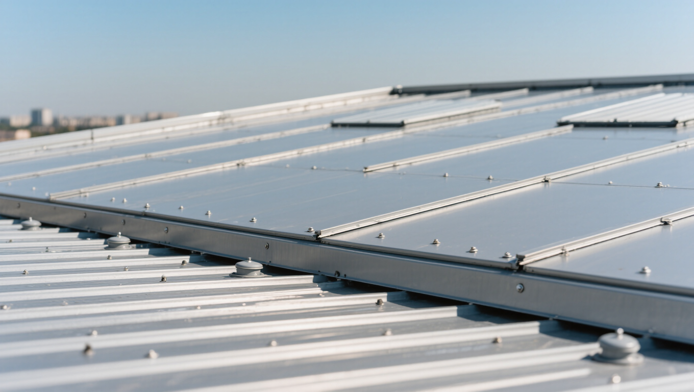 Close-up view of a flat metal roof with solar panels installed, reflecting sunlight. The panels are securely fastened with bolts, showcasing a modern architectural design against a clear blue sky.
