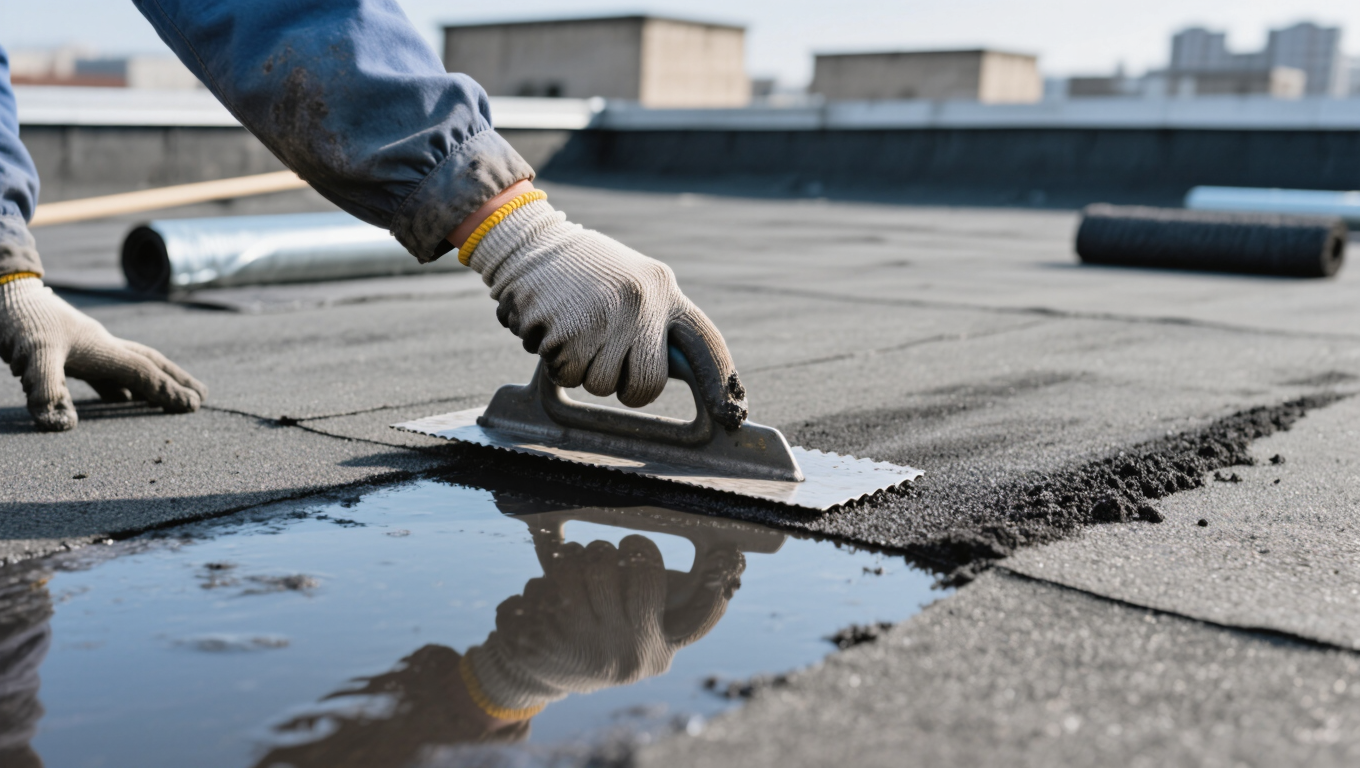A worker using a trowel to apply material on a commercial flat roof, with visible water pooling on the surface. Rolled roofing materials are placed nearby, and buildings in the background are slightly blurred.