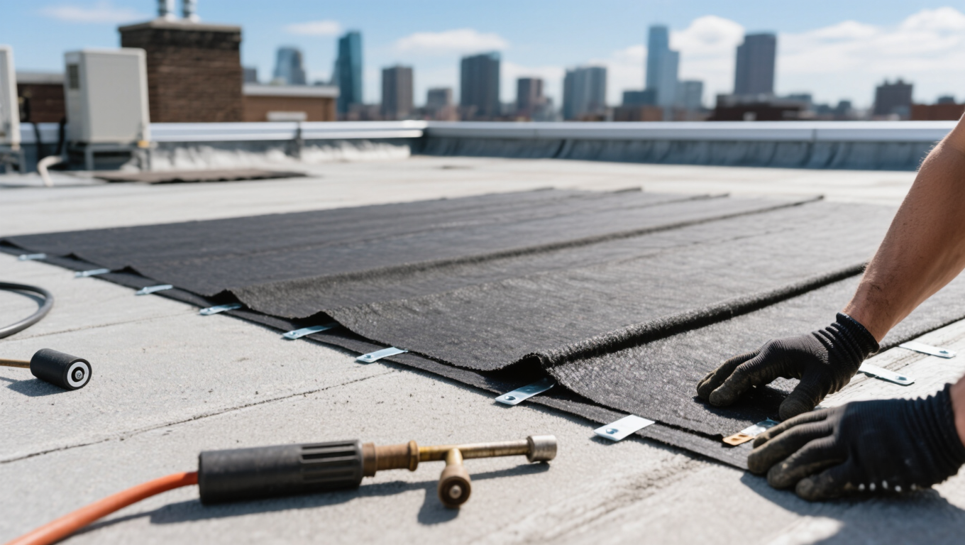 A person wearing gloves is installing a black roofing material on a flat roof. In the background, a city skyline featuring tall buildings under a clear blue sky can be seen.