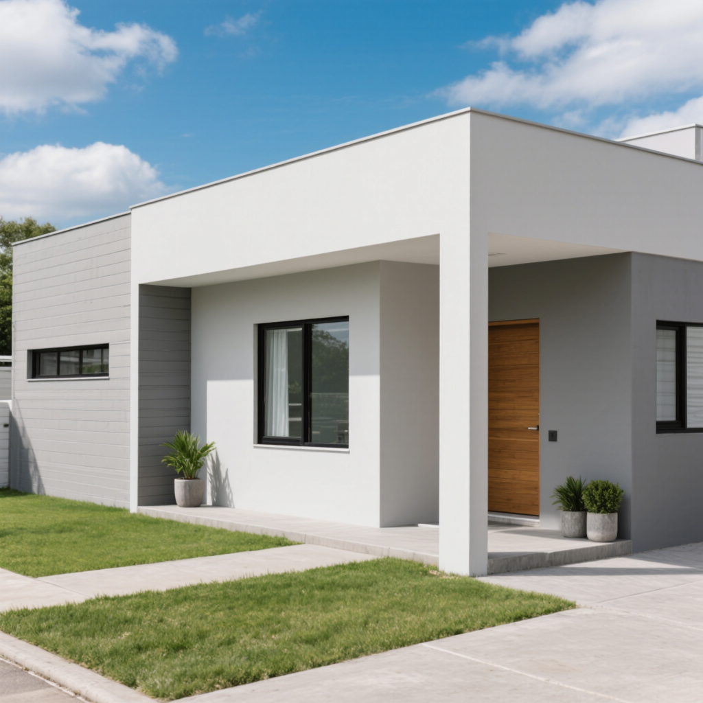 A modern, minimalist residential building with a flat roof, featuring a smooth gray exterior, large windows, and a stylish wooden door. A small garden with potted plants is visible in the front yard, alongside a concrete pathway.