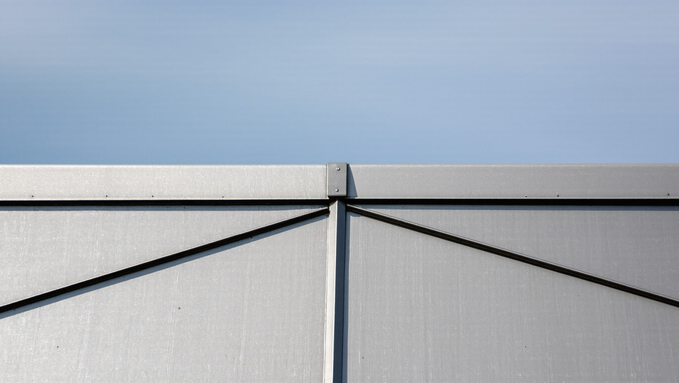 Close-up view of a flat roof structure with metal panels and supporting cables against a clear blue sky. The geometric lines and textures highlight the modern design of industrial roofing.