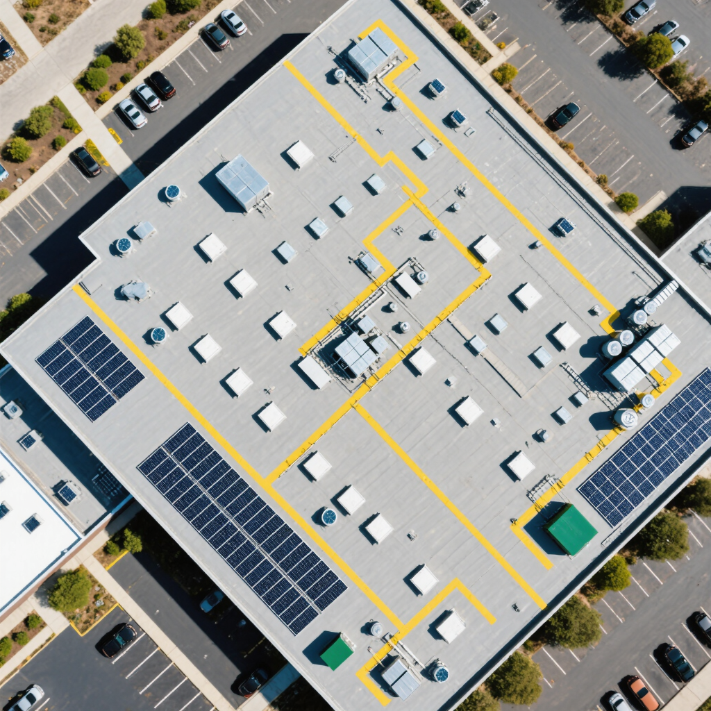 An aerial view of a flat roof featuring numerous ventilation units and solar panels. Yellow lines outline pathways across the roof, which is surrounded by a parking lot filled with cars.