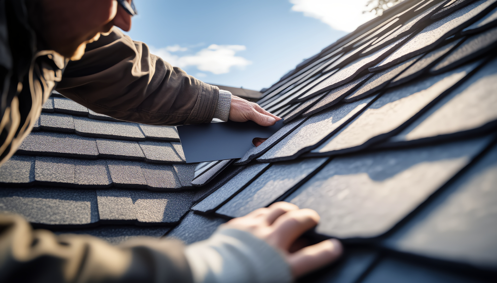 A person repairing roof shingles on a sloped roof, placing a new shingle into position on a sunny day. The image focuses on the hands and shingles, highlighting the roofing work being performed.