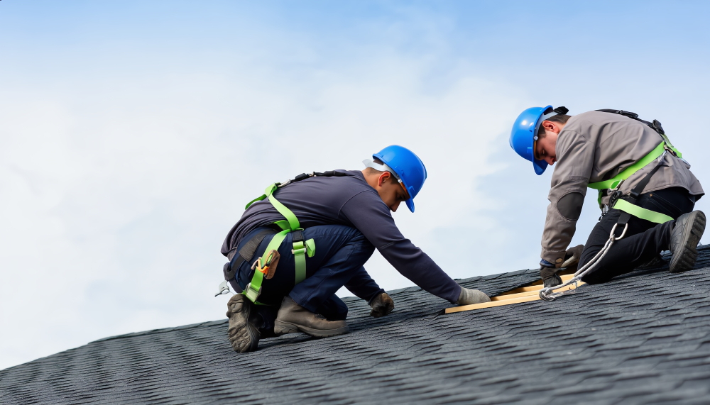 Two roofers in blue helmets and harnesses are working together on a gray shingle roof. They are carefully placing wooden boards while ensuring safety. A clear sky is visible in the background, highlighting the residential roof repair efforts.