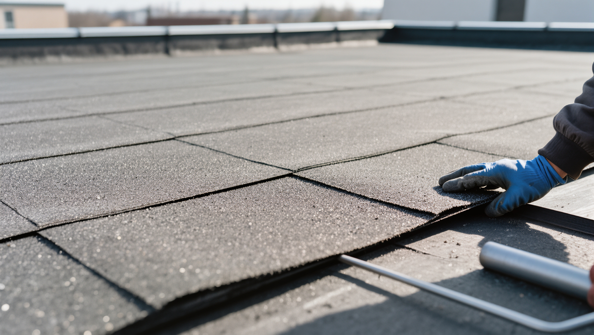A person wearing a blue glove is adjusting roofing material on a flat roof. The roof has dark shingles, and tools are visible nearby, indicating the process of repairing flat roof.