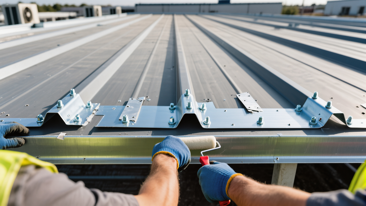 Workers applying a coating to a metal roof, using a paint roller on the edge of metal panels secured with screws. Metal roof repair activity is taking place on a commercial building.