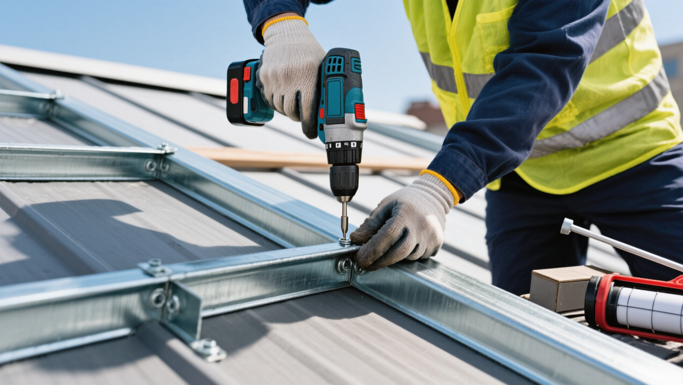A worker in a bright yellow vest using a cordless drill to secure metal roofing panels on a commercial building. The scene shows a clear blue sky in the background, highlighting the focus on commercial roof repair.