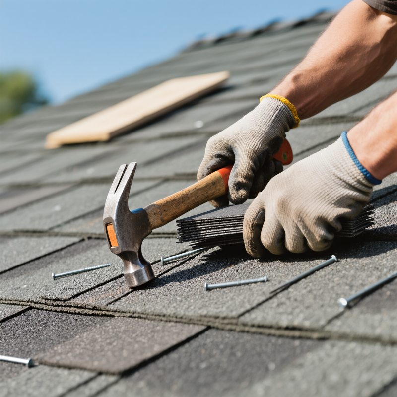 A close-up of a worker's hands in gloves using a hammer to install shingles on a black roof. Several shingles and nails are visible on the roof surface, indicating a shingle roof repair in progress.