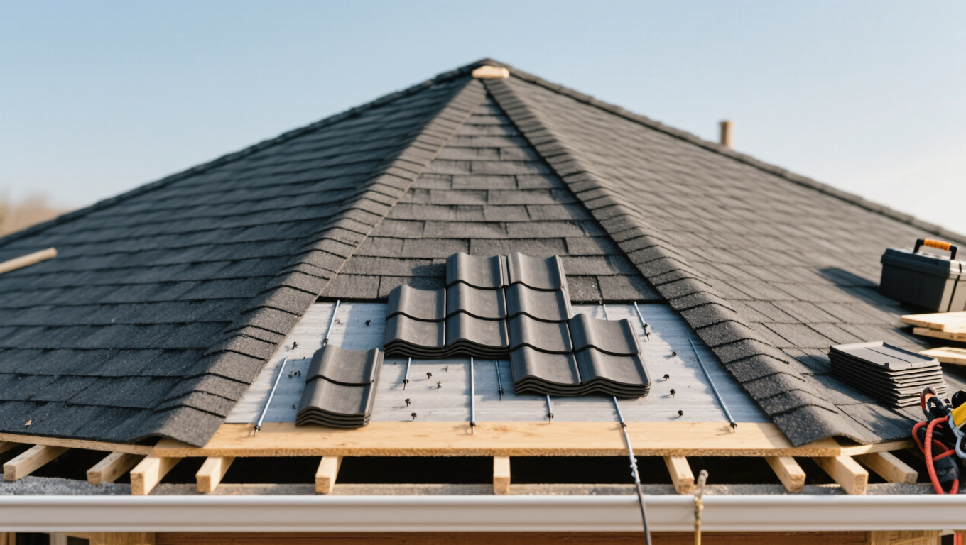 A close-up view of a roof under replacement, showcasing dark shingles partially installed on a sloped structure, with wooden beams visible beneath. Tools and spare shingles are arranged neatly at the roof’s edge.