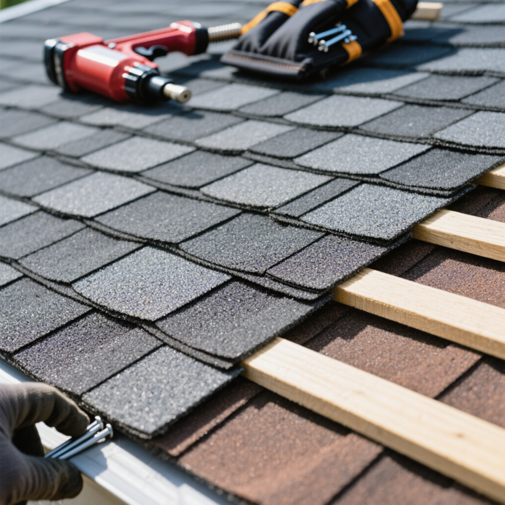 A close-up of a roof under renovation, showing newly installed dark shingles alongside old, brown shingles. Tools, including a nail gun, are positioned on the roof, while wooden battens are visible underneath the shingles. This image relates to replacing a British Columbia roof.