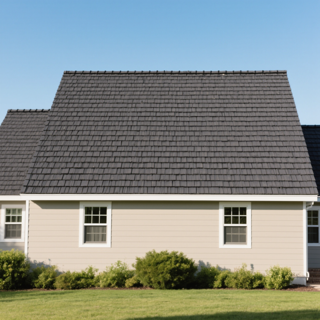 A house with a replaced asphalt shingle roof, featuring a sloped roof structure. The exterior walls are painted in a soft beige color, with two windows visible, surrounded by lush green bushes and grass under a clear blue sky.