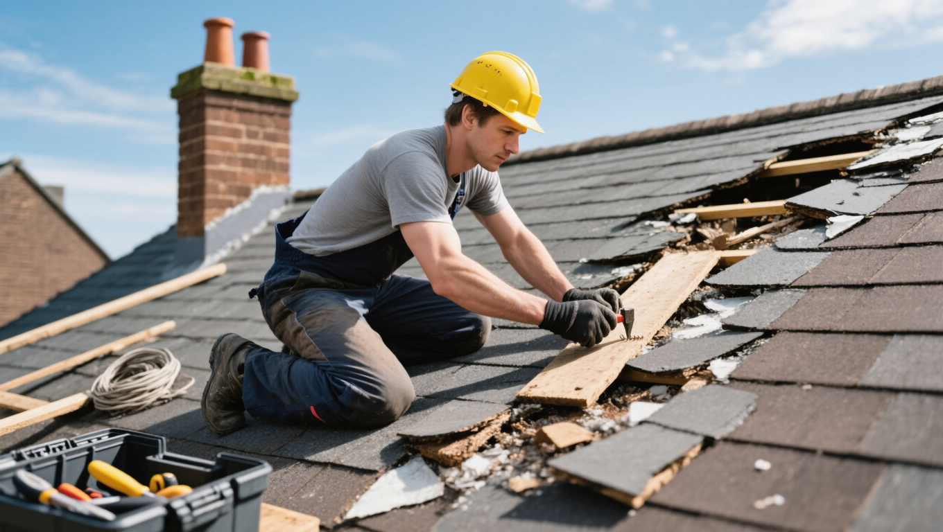 A roofer in a yellow hard hat kneels on a sloped roof, carefully installing a wooden board over a damaged area. Tools and equipment are visible in a black toolbox nearby, against a backdrop of blue sky and residential rooftops.