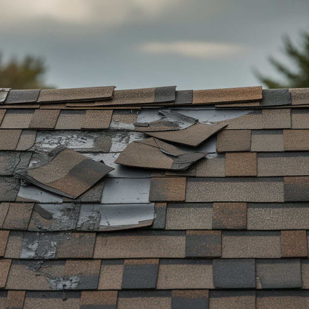 Close-up view of a shingle roof needing repair, showcasing several damaged and lifted shingles. The muted tones of brown and black shingles are visible against a cloudy sky in the background.